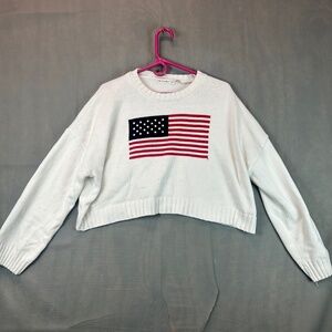 Moon & Madison Cropped Sweater Sz XL White American Flag Knit Pullover Patriotic